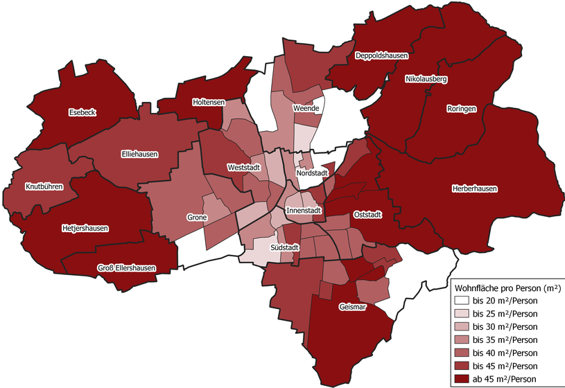 Wohnfläche in m² pro Person in den statistischen Bezirken von Göttingen. Quelle: Quartiersanalyse zur Identifizierung von Flächenoptimierungspotenzialen in Göttingen